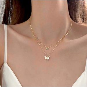 Gold Rhinestone Double Link Butterfly Necklace